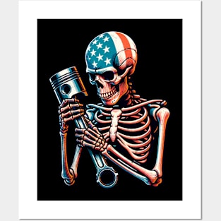 USA Patriotic Skeleton Piston Rod Garage Cars Racing American Flag 4th of July Independence Day Posters and Art